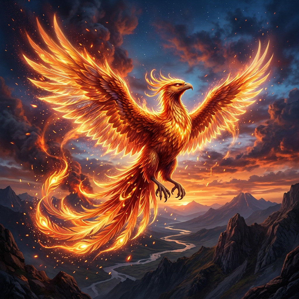 Fiery phoenix bird with glowing orange wings flying over mountains and river at sunset