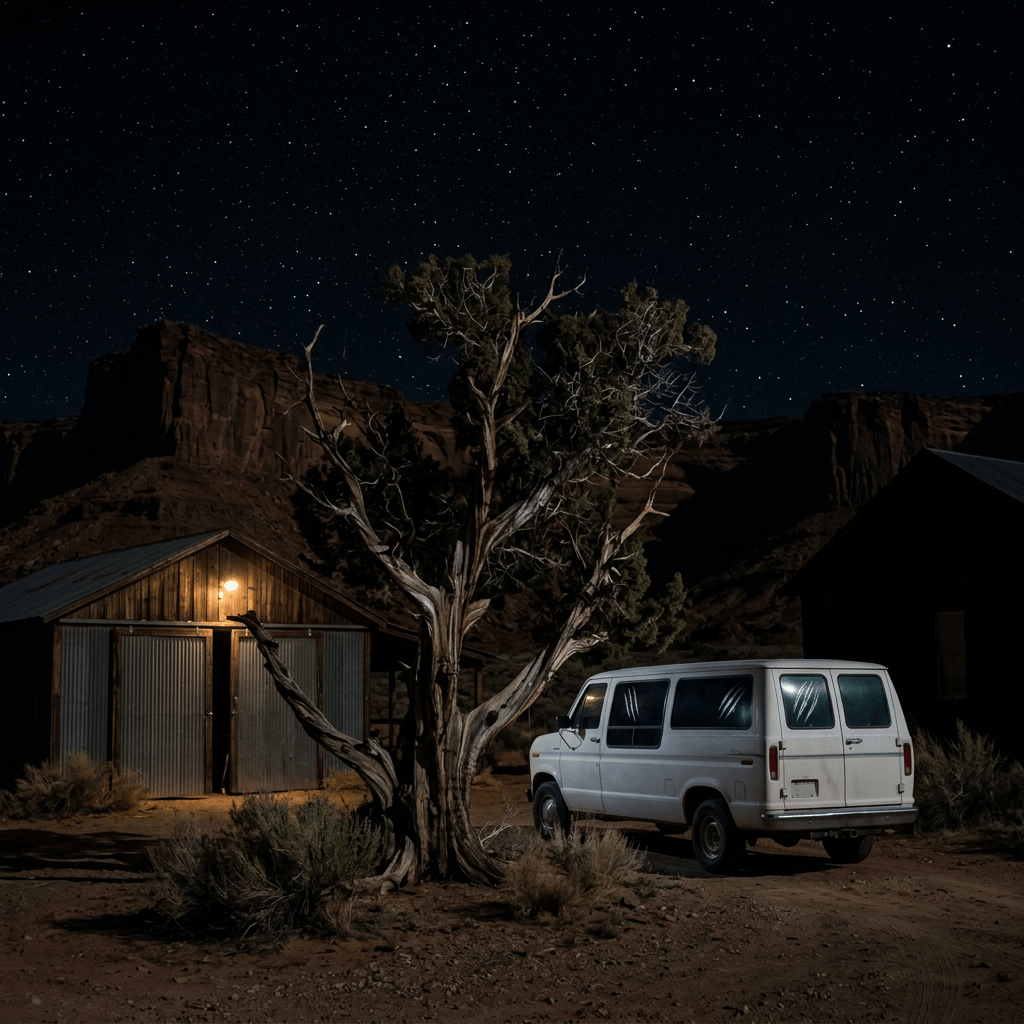 White van parked beside a cabin and twisted tree under a star-filled desert sky